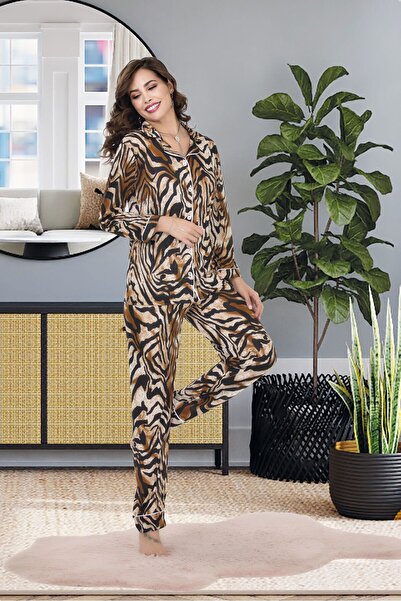 Kadın Uzun Kollu Düğmeli Yumuşak Kumaş 2 Parça Gecelik/Pijama Takımı