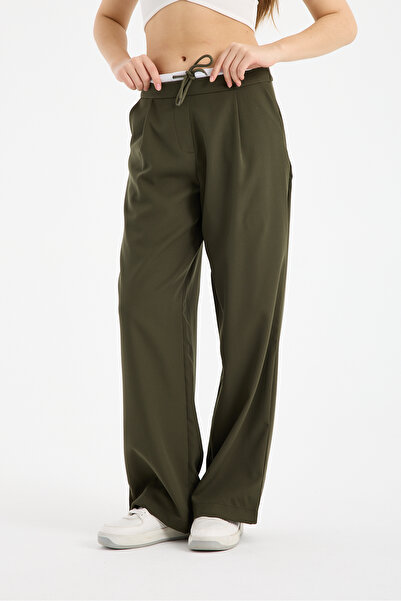 Gugus Women's Wide Leg Fabric Pants with Loose Legs, Lace-Up Waist, White with Decorative Details, Zipper Closure