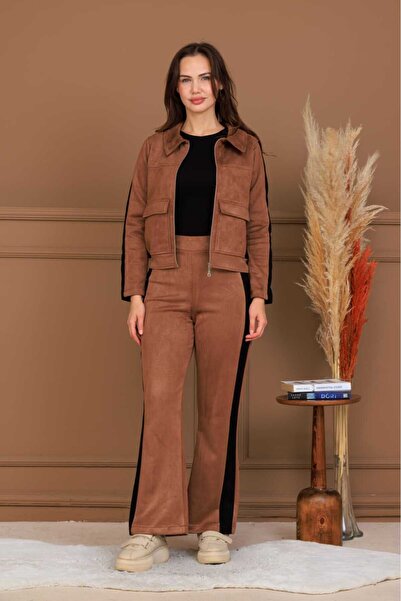 NILO DESGIN Scuba Suede Brown Black Striped Bottom Top Set