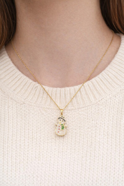 TuQos Kadın Çelik Kardan Adam Kolye – Taşlı Gold Kaplama Çelik Kolye – , Günl...