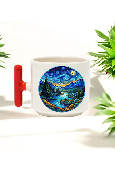 BB TRADE Night Design Red T-Handle Ceramic Printed Mug Cup 250 ml