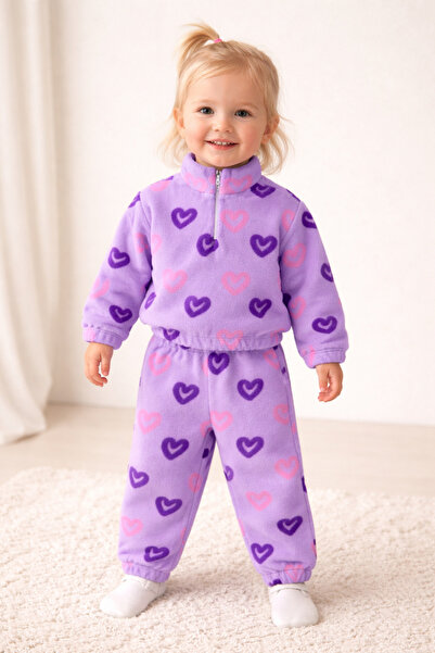 GÜLERBEBECİX Kız Çocuk Takım Welsoft Fermuarlı Desenli