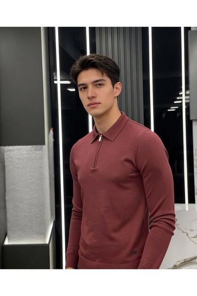 STYLENEST Men's Zippered Polo Neck Slim Fit Knitwear Sweater – Tile – Long Sl...