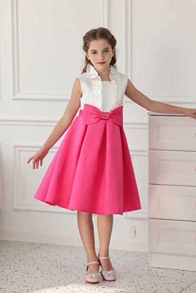 Alesaei-mondo tondo فستان بناتي بفيونكة وردية بالنص 7219