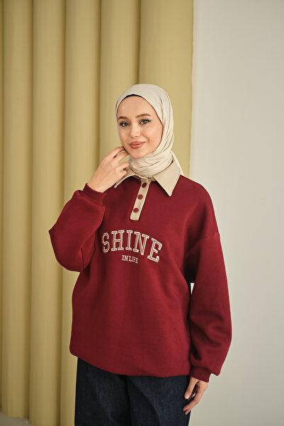 LOCCO Women's Leather Collar Embroidered Sweatshirt Burgundy