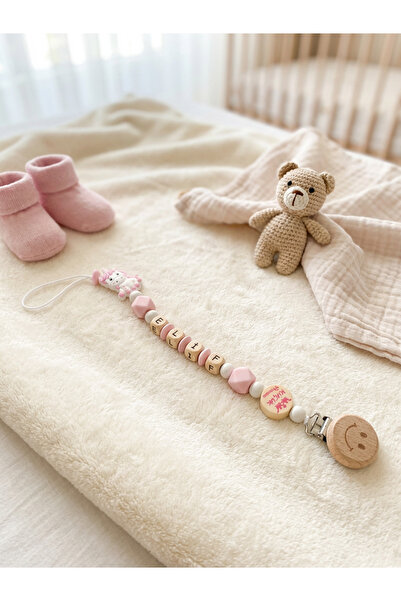 Pufuduk Baby İsme Özel Doğal Ahşap Emzik Askısı, Pembe Unicorn Figürlü Bebek ...