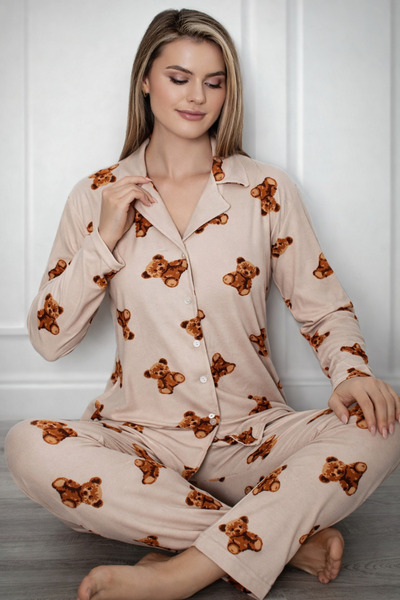 FK Ayıcık Teddy Desenli Pamuk Kadın Pijama Takımı – Yumuşak & Nefes Alabilir Rahat Önü Düğmeli V yaka