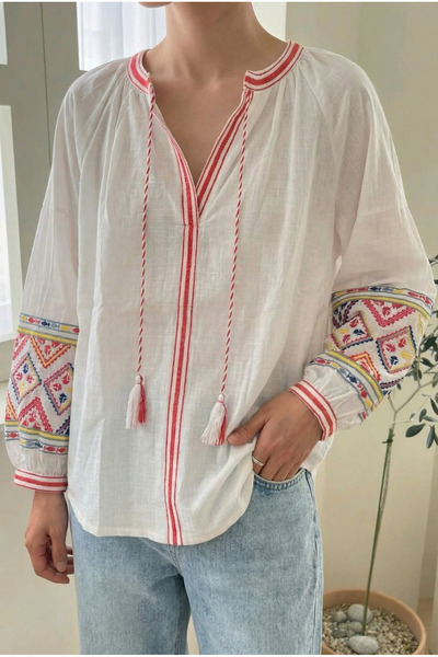 FEMELLE Women's White Collar Tassel Balloon Sleeve Embroidered Cotton Blouse