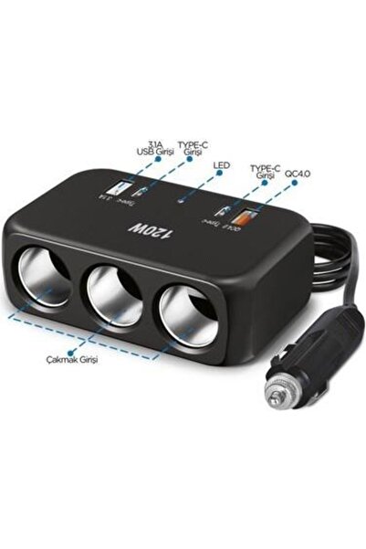 Torima G18 Siyah 120W Çoklu Çıkışlı Araç Şarj Cihazı – 2x Type-C, USB, QC4.0 ...