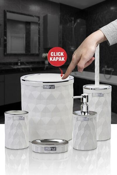 Okyanus Home Geometrik Beyaz Kromlu Click Kapak 5'li Banyo Seti