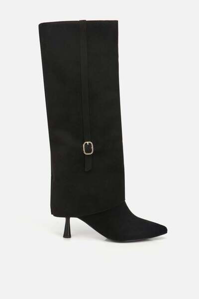 Yaya by Hotiç Kadın Süet Siyah Pantolon Görünümlü İnce Kemerli Topuklu Çizme