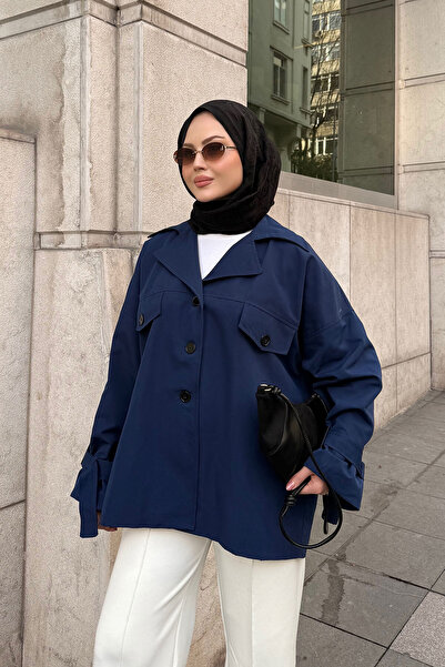 LOCCO Women's Double-Breasted Collar Trench Coat Navy Blue