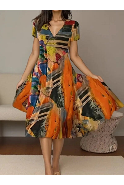 idimilla Short-Sleeved V-Neck Colorful Mixed Pattern Flared Single Jersey Mid...