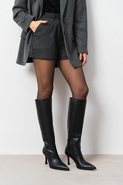 NİŞANTAŞI SHOES Doli Siyah Mat Fermuar Detay Sivri Burun Kadın Topuklu Çizme