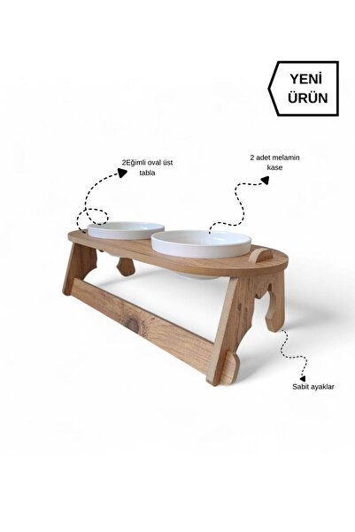 RealWood Ahşap Kedi Su & Mama Kabı - 2'li Oval Model - Eğimli - Kırılmaz Mela...
