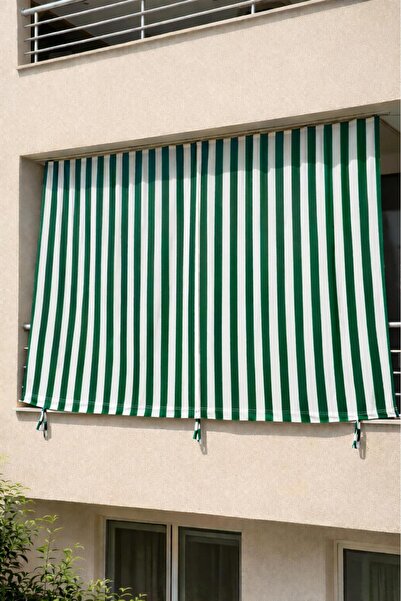 Branda Noktası Kornişli Balkon Perdesi 300 gr/m² Pamuklu Kumaş Bağcıklı Yan v...