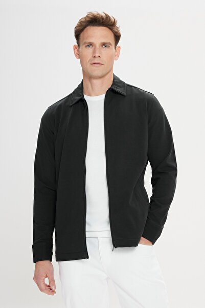 ALTINYILDIZ CLASSICS Black Standard Fit Regular Cut Shirt Collar Cotton Stretch Coat