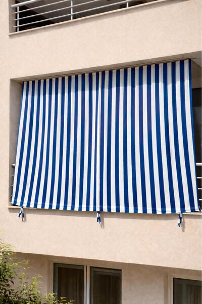 Branda Noktası Kornişli Balkon Perdesi 300 gr/m² Pamuklu Kumaş Bağcıklı Yan ve Alt Sabitlemeli Dış Mekân Perdesi