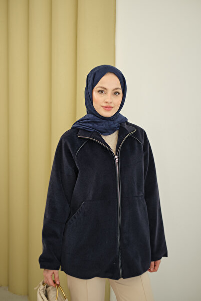 LOCCO Women's Hidden Zipper Detail Leather Striped Jacket Navy Blue