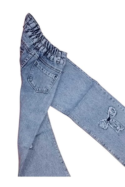 AZRA ÇOCUK GİYİM Wide-Leg Girls' Denim Pants with Bow Detail, Blue Rock Washed, Comfortable..