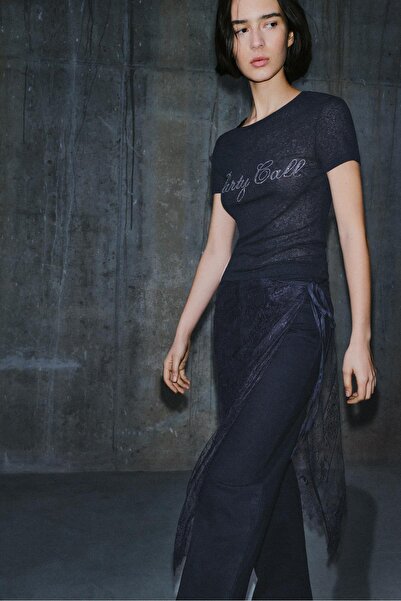 Pull & Bear Black T-shirt with rhinestone slogan