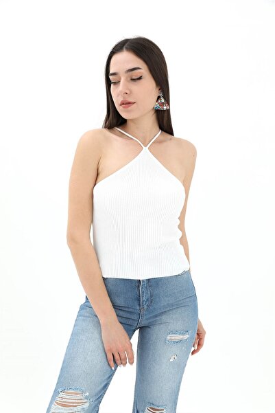 VELİZADE Bluză tricotată pentru femei, cu guler halter, elastică și mulată pe...