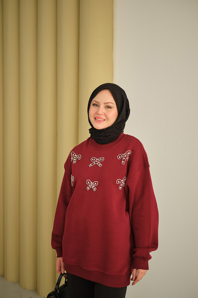 LOCCO Women's Ribbon Stone Detail Sweatshirt Burgundy