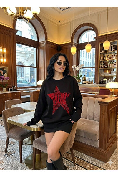 blck & premium Kadın YILDIZ Oversize Triko Kazak - Yumuşak Dokulu Bisiklet Yaka