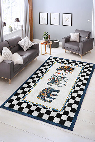 Realhomes Etnik Fil Desenli Yıkanabilir Kaymaz Taban Dekoratif Salon Halısı