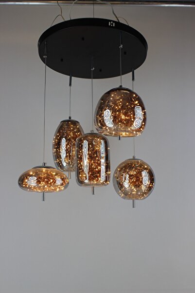 GN GEN AYDINLATMA Modern Füme Camlı Peri Ledli 5'li Sarkıt Avize Günışığı Sar...