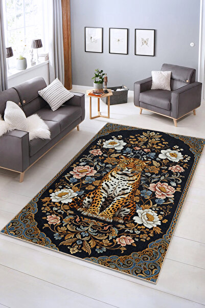 Realhomes Zarif Kaplan Desenli Yıkanabilir Kaymaz Taban Salon Halısı