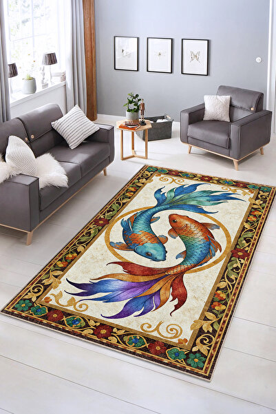 Realhomes Soyut Balık Desenli Yıkanabilir Kaymaz Taban Salon Halısı