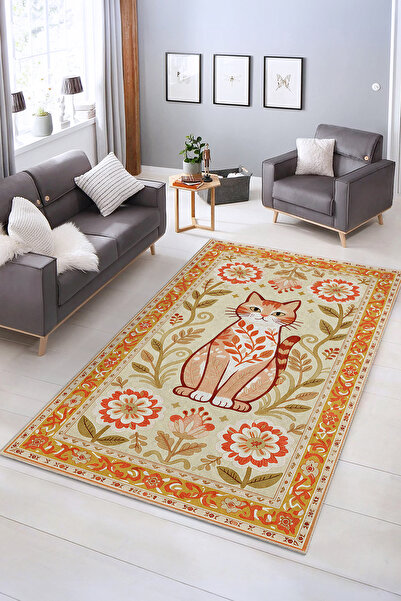 Realhomes Renkli Kedi ve Çiçek Desenli Yıkanabilir Kaymaz Taban Salon Halısı