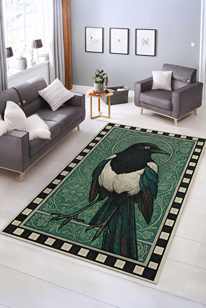 Realhomes Saksağan Kuş Figürlü Vintage Dijital Baskı Halı | Kaymaz Tabanlı De...