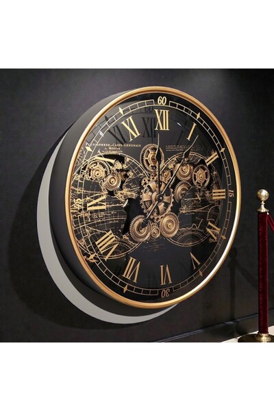 Kuzey Tacı Dünya Haritalı Mekanik Dişli Detaylı Lüks Duvar Saati – Siyah & Al...