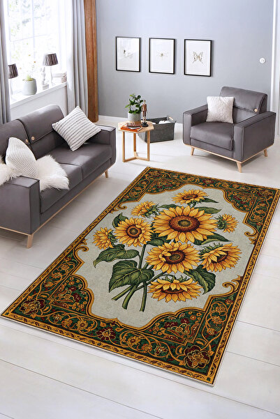 Realhomes Canlı Güneş Çiçeği Desenli Yıkanabilir Kaymaz Taban Salon Halısı