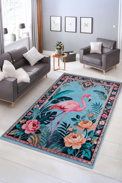 Realhomes Tropikal Flamingo Desenli Yıkanabilir Kaymaz Taban Salon Halısı