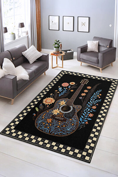Realhomes Çiçekli Gitar Motifli Yıkanabilir Kaymaz Taban Salon Halısı