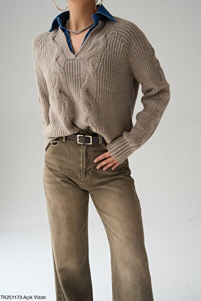 D'RECCY Women's Hair Knit V-Neck Detailed Oversized Soft Knitwear Sweater