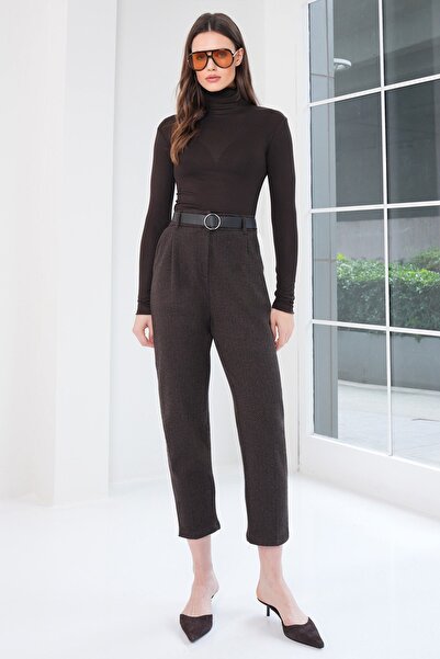 Trend Alaçatı Stili Women's bitter brown herringbone pattern belted cashmere ...