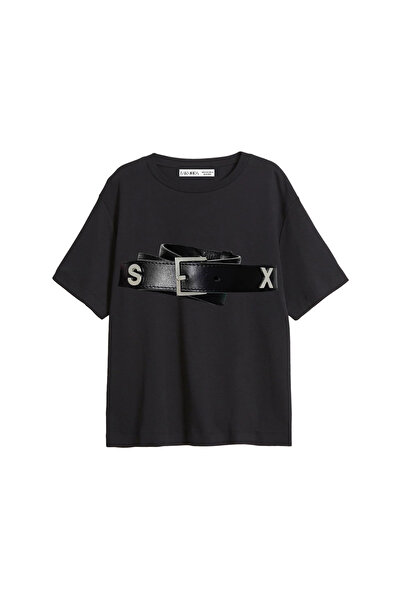 CİNEMA MODA Hot Belt με τύπωμα χαλαρή εφαρμογή Μαύρο γυναικείο μπλουζάκι
