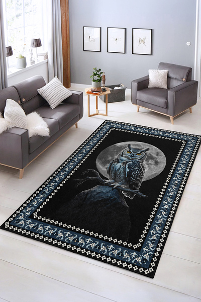 Realhomes Siyah Baykuş Desenli Yıkanabilir Kaymaz Taban Salon Halısı