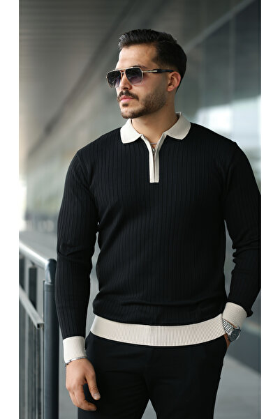 viyamen Erkek Siyah Likralı Slim Fit Yarım Fermuarlı Triko Kazak
