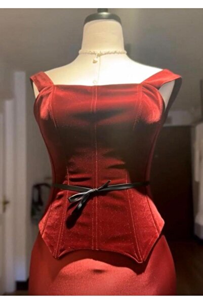 KARDELEN YAPALI Kadın Kırmızı Kadife Askılı Korse Büstiyer