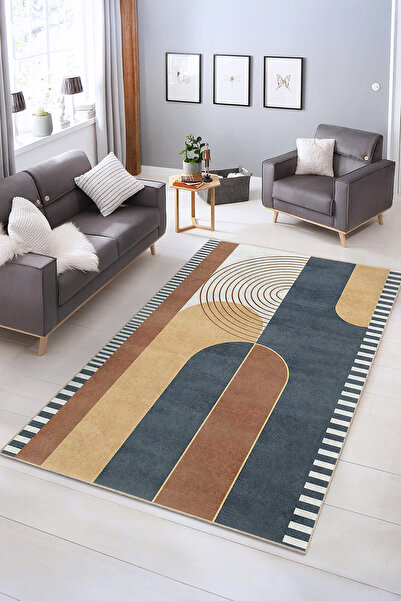 Realhomes Soyut Çizgiler ve Tonal Desenli Yıkanabilir Kaymaz Taban Salon Halısı