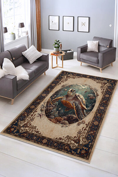 Realhomes Deniz Kaplumbağası Desenli Yıkanabilir Kaymaz Taban Salon Halısı