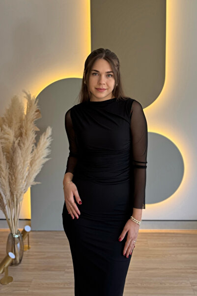 Aventien Draped Tulle Elegant Black Midi Dress