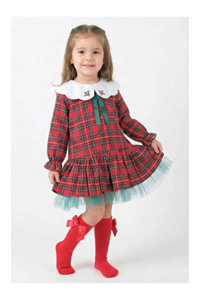 Mini Baray Girl's Red Plaid Dress with Socks as a Gift - New Year's Outfit with Kokina Embroidered Tutu