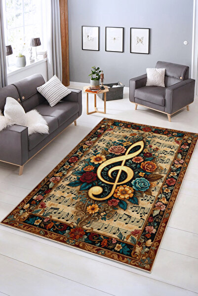 Realhomes Müzikal Nota ve Çiçek Desenli Yıkanabilir Kaymaz Taban Salon Halısı