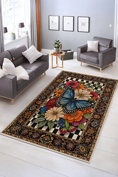 Realhomes Canlı Çiçek Desenli Yıkanabilir Kaymaz Taban Dekoratif Salon Halısı
